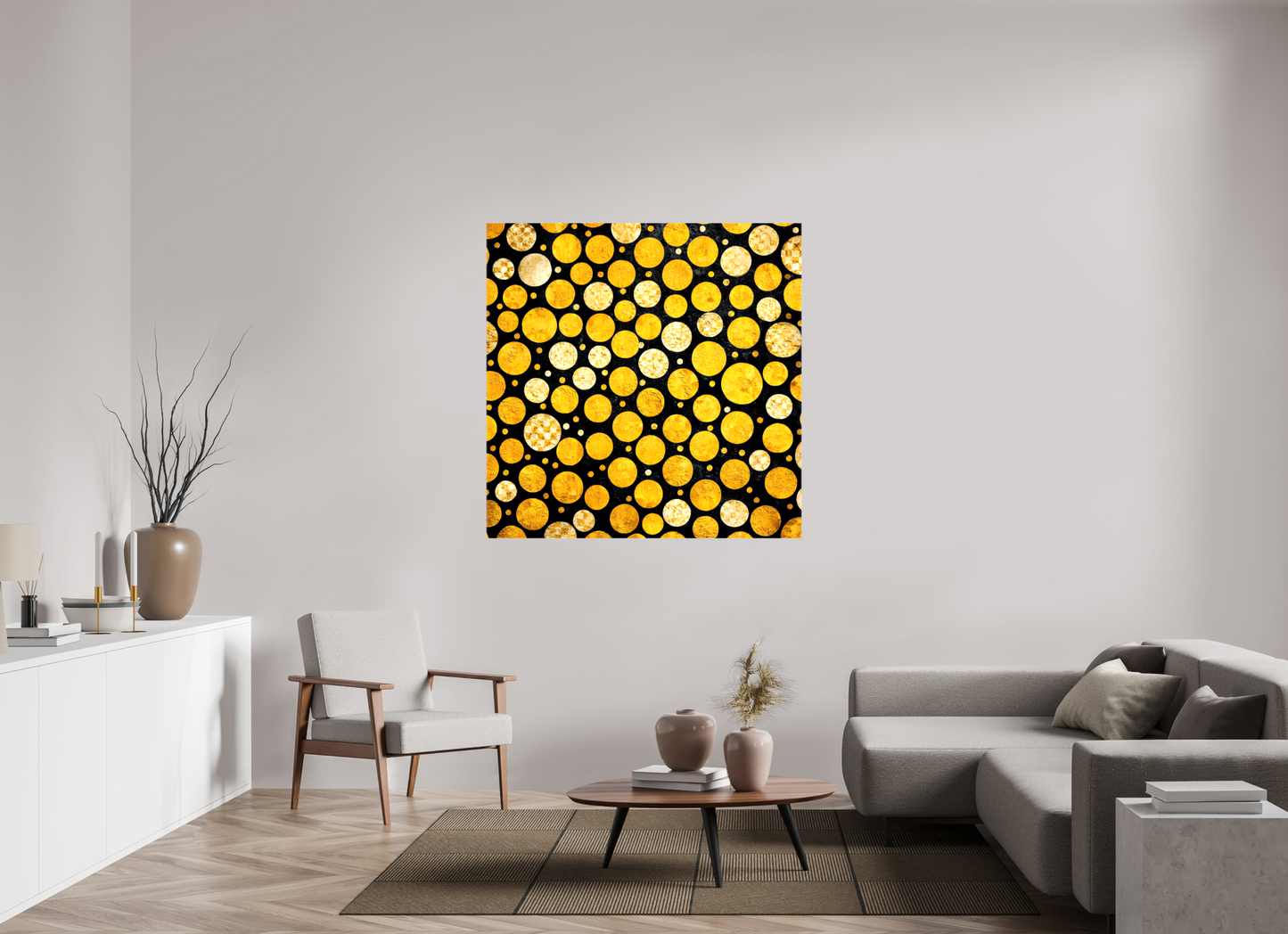 50 x 50″, Glossy Canvas Gold Dots