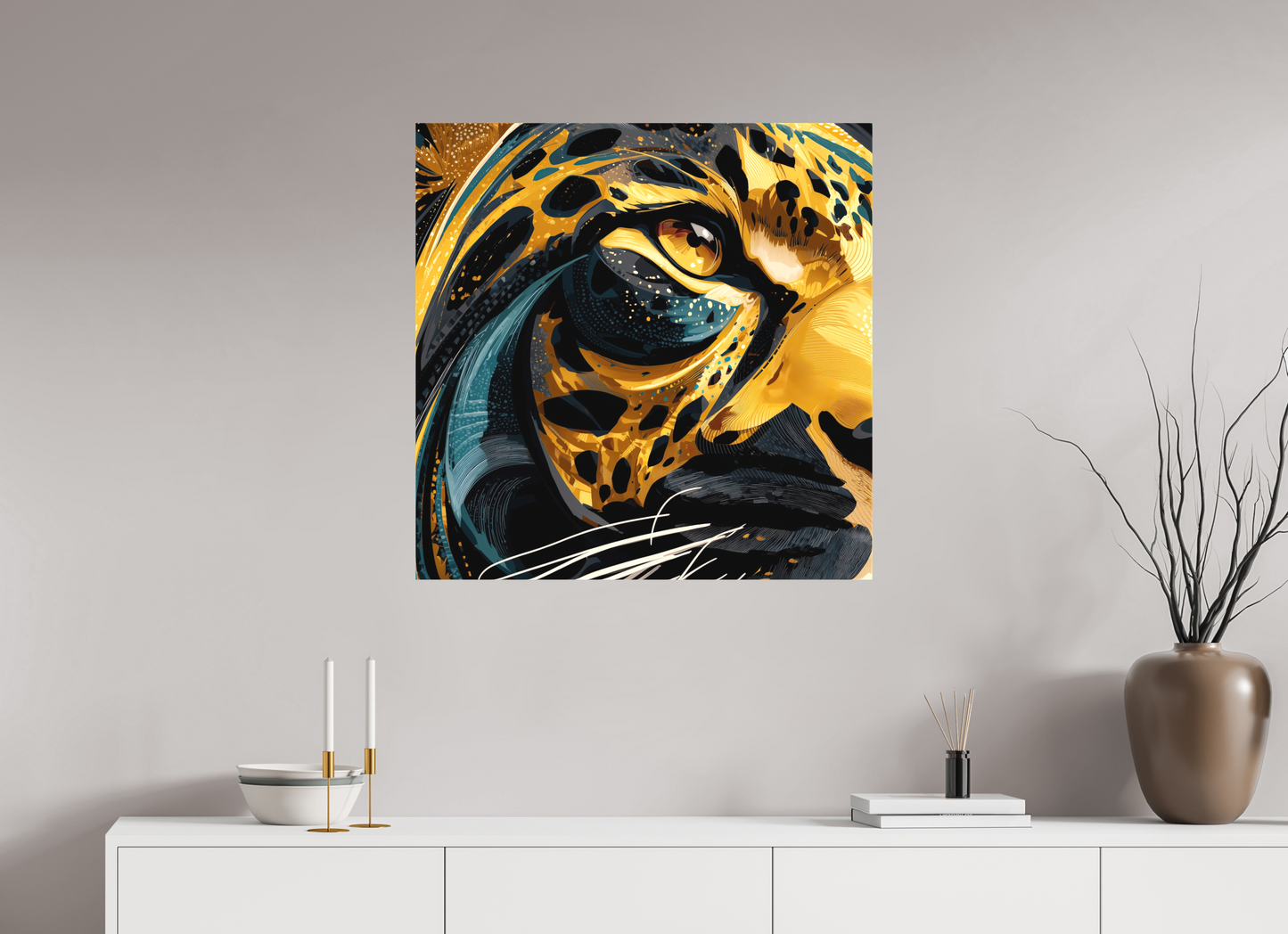 30 x 30″, Textile on Canvas Abstract Panther