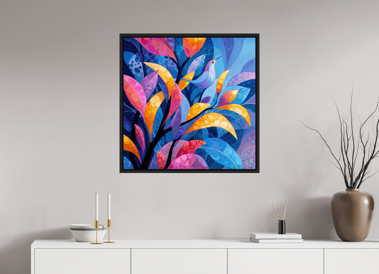 30 x 30″, Fine Art Print on Aluminum Dibond with Boarder Tropical Bird