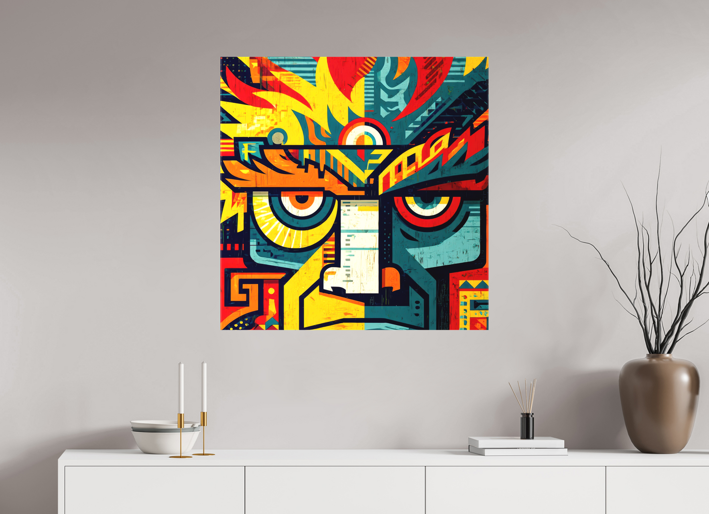 32 x 32.6″, Textile on Canvas Urban Tribal 2