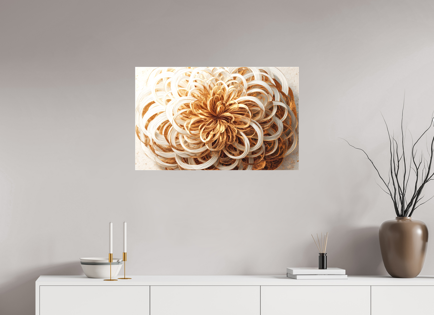 31.9 x 20″, Textile on Canvas Abstract Gold Flower