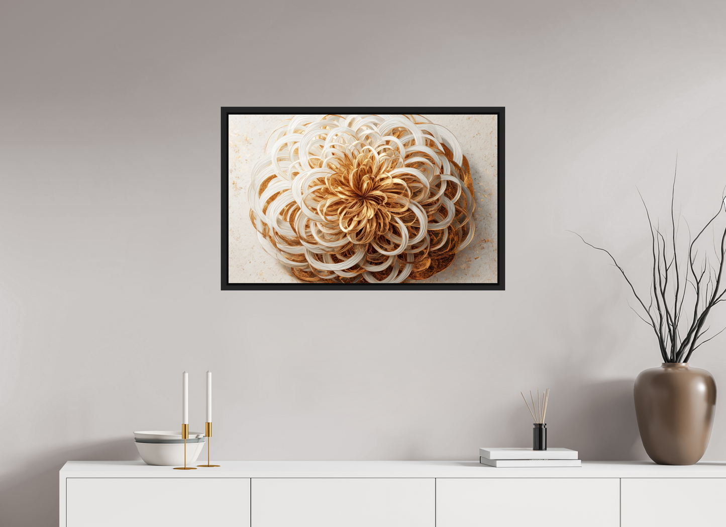 31.9 x 20″, Fine Art Print on Aluminum Dibond with Boarder Abstract Gold Flower