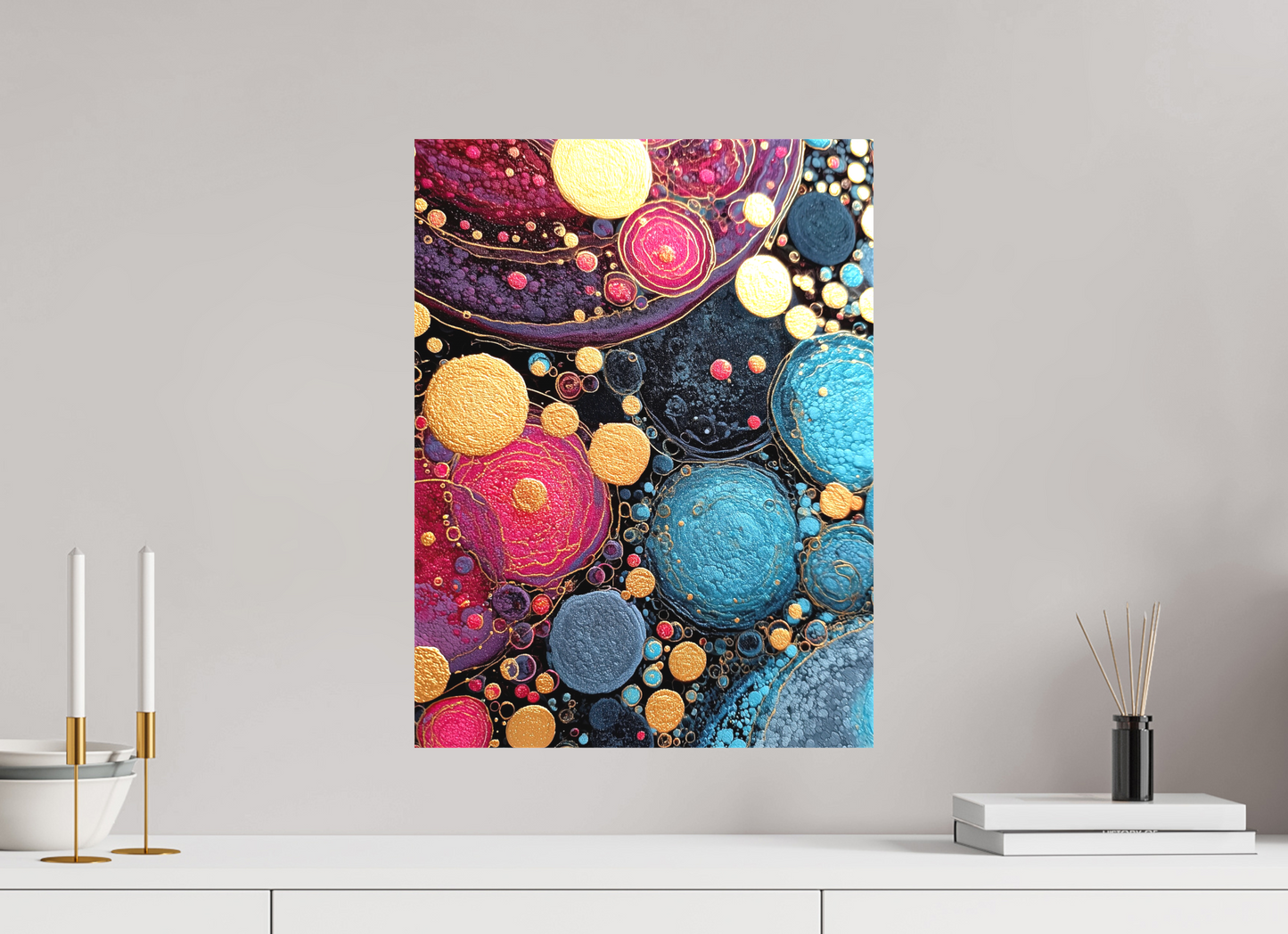 15 x 20″, Textile on Canvas Abstract Circles