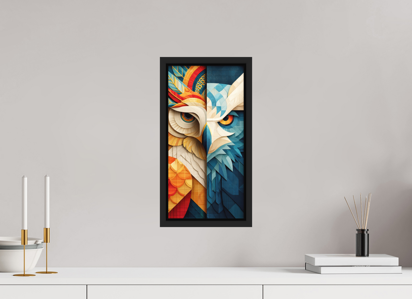 8 x 16.2″, Photo Print on Aluminum Backing with boarder Abstract Warm & Cold Owl
