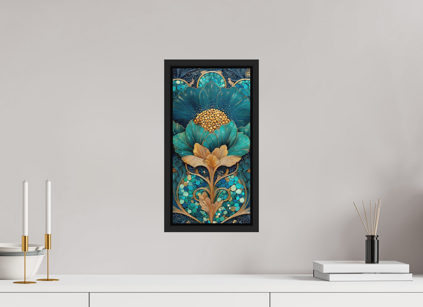 8 x 16″, Photo Print on Aluminum Backing with boarder Art Deco Teal Flower 2