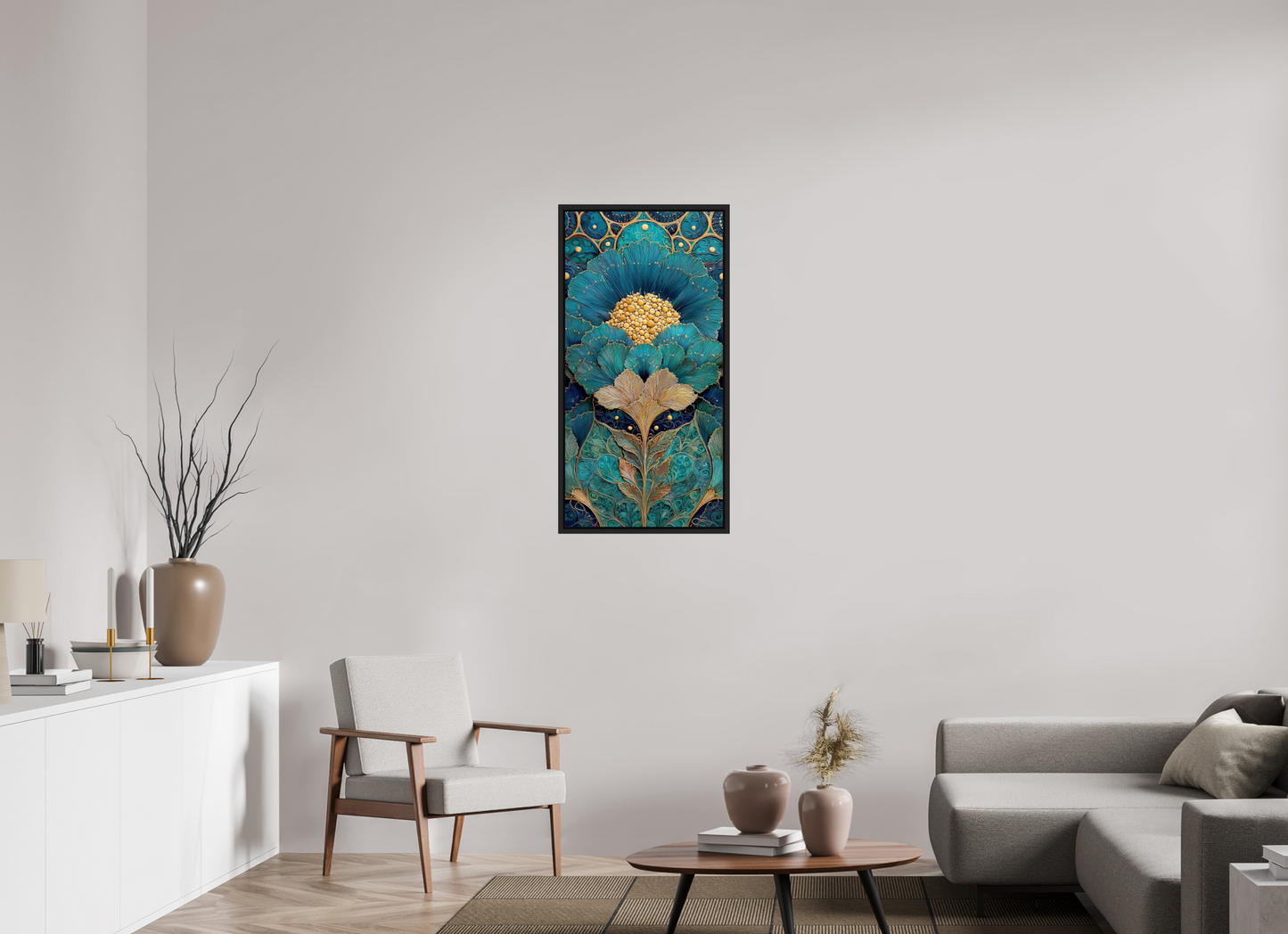 20 x 40″, Fine Art Print on Aluminum Dibond with Boarder Art Deco Teal Flower 1