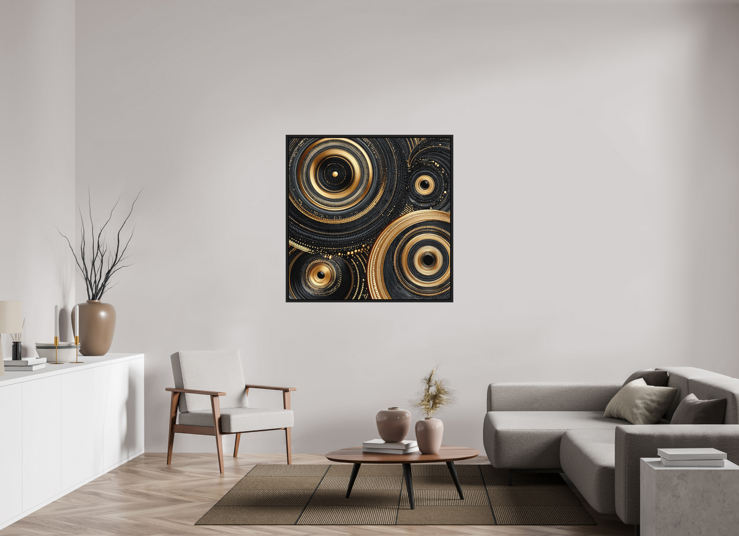 45 x 45″, Photo Print on Aluminum Backing with boarder Gold & Black Circles
