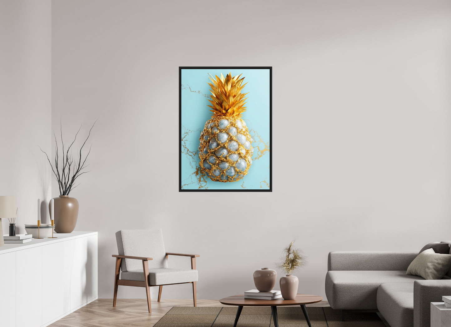 32 x 43.6″, Fine Art Print on Aluminum Dibond with Boarder Gold Pineapple