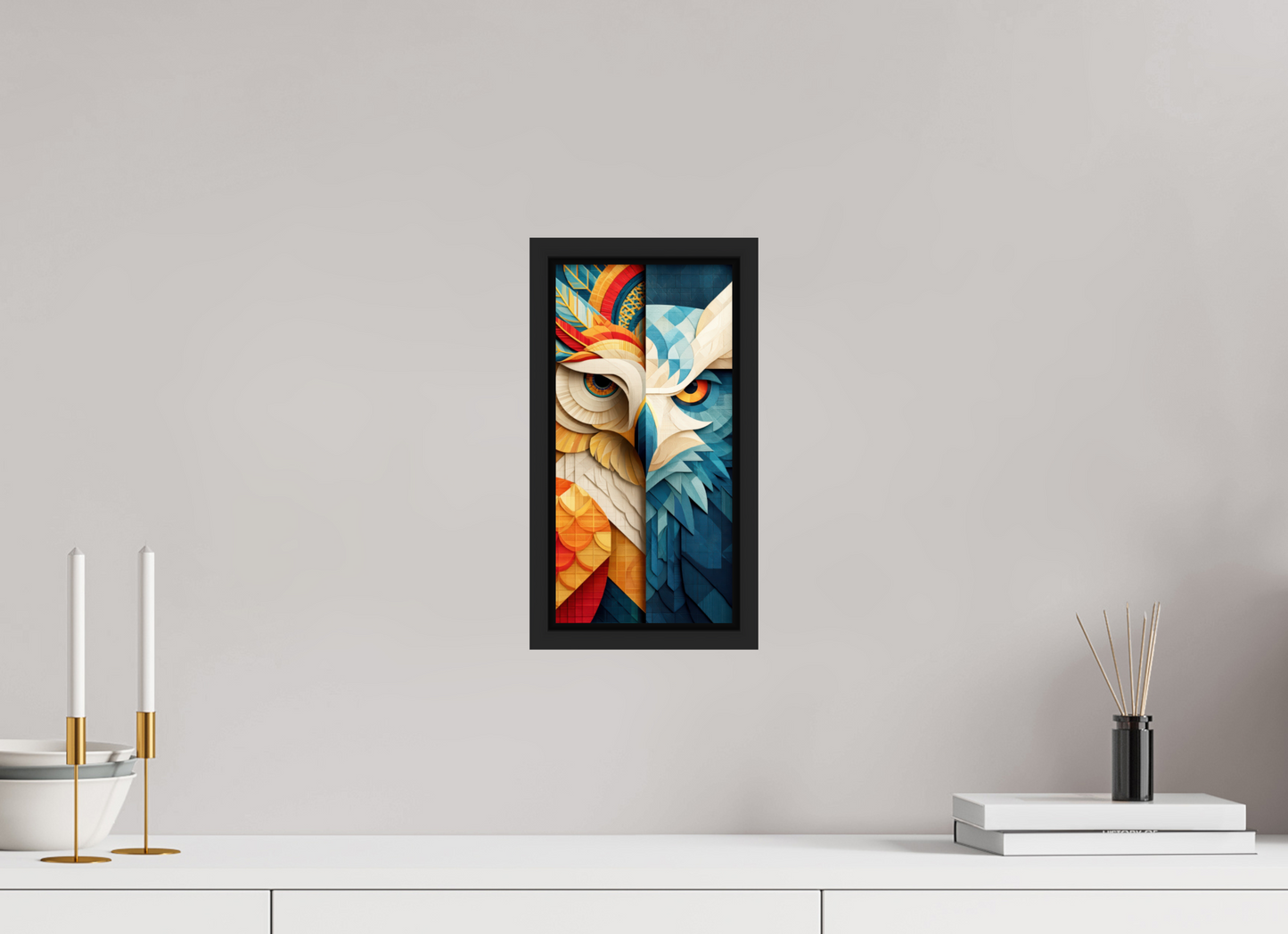 6 x 12.2″, Fine Art Print on Aluminum Dibond with Boarder Abstract Warm & Cold Owl
