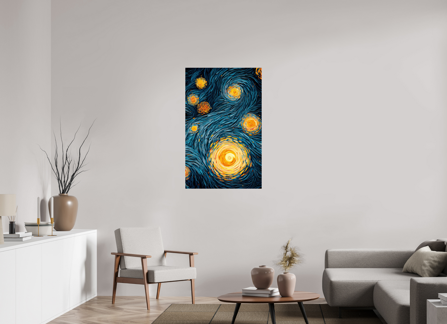 28 x 44.4″, Fine Art Print On Aluminum Dibond Abstract Blue & Yellow Swirls 2