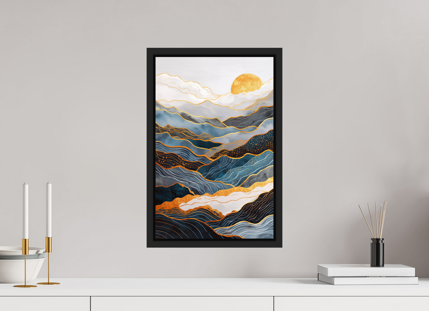 12 x 18.5″, Fine Art Print on Aluminum Dibond with Boarder Abstract Art Deco Mountains
