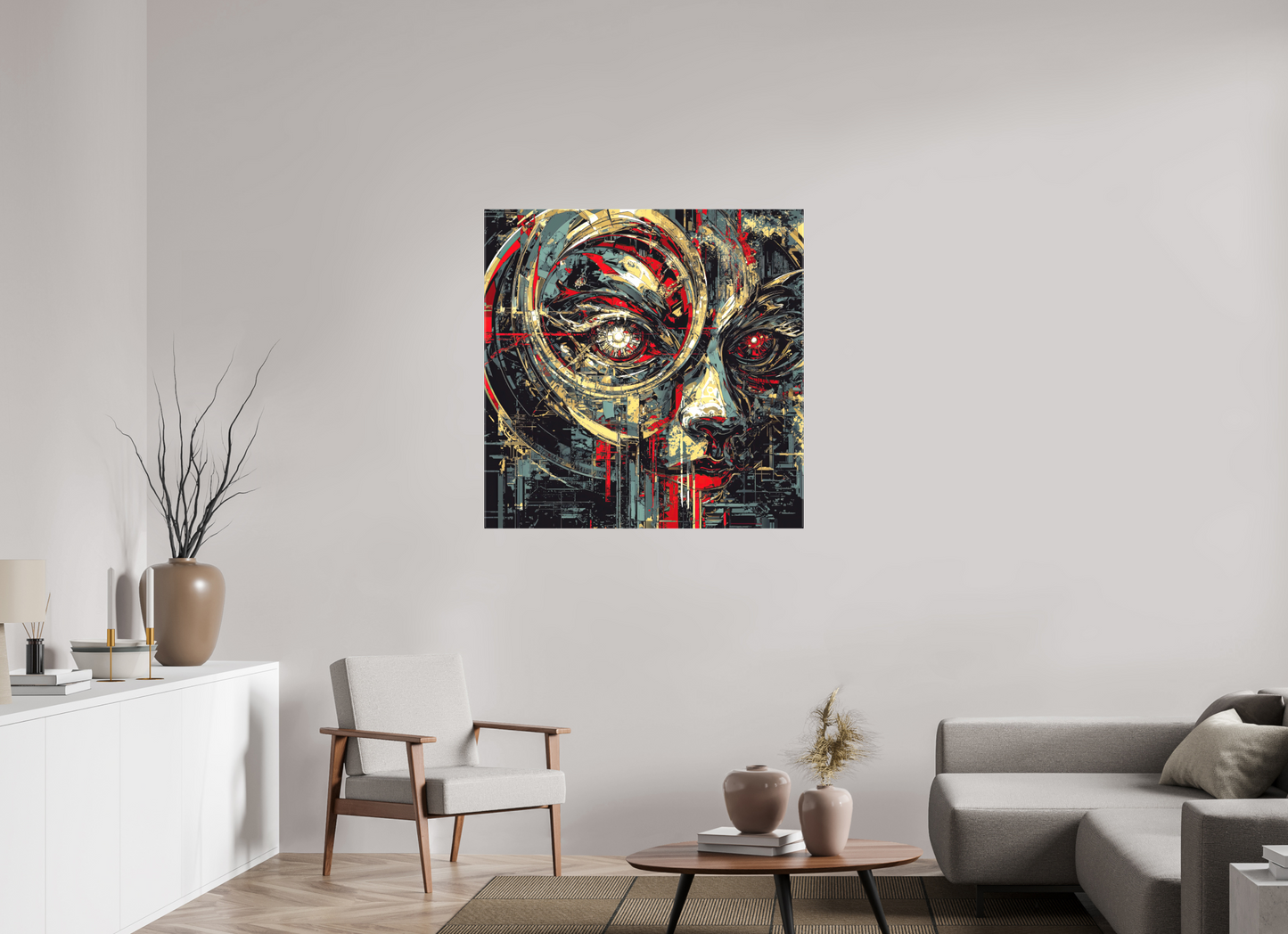 40 x 40″, Textile on Canvas Abstract Female Eye