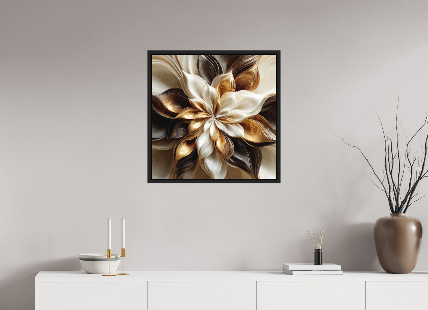 25 x 25″, Photo Print on Aluminum Backing with boarder Coffee Marble Flower