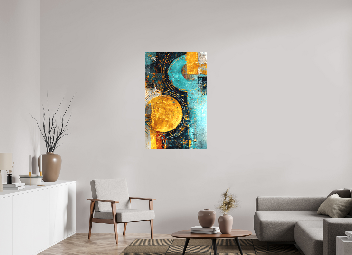 28 x 44.5″, Textile on Canvas Abstract Gold Paint 2