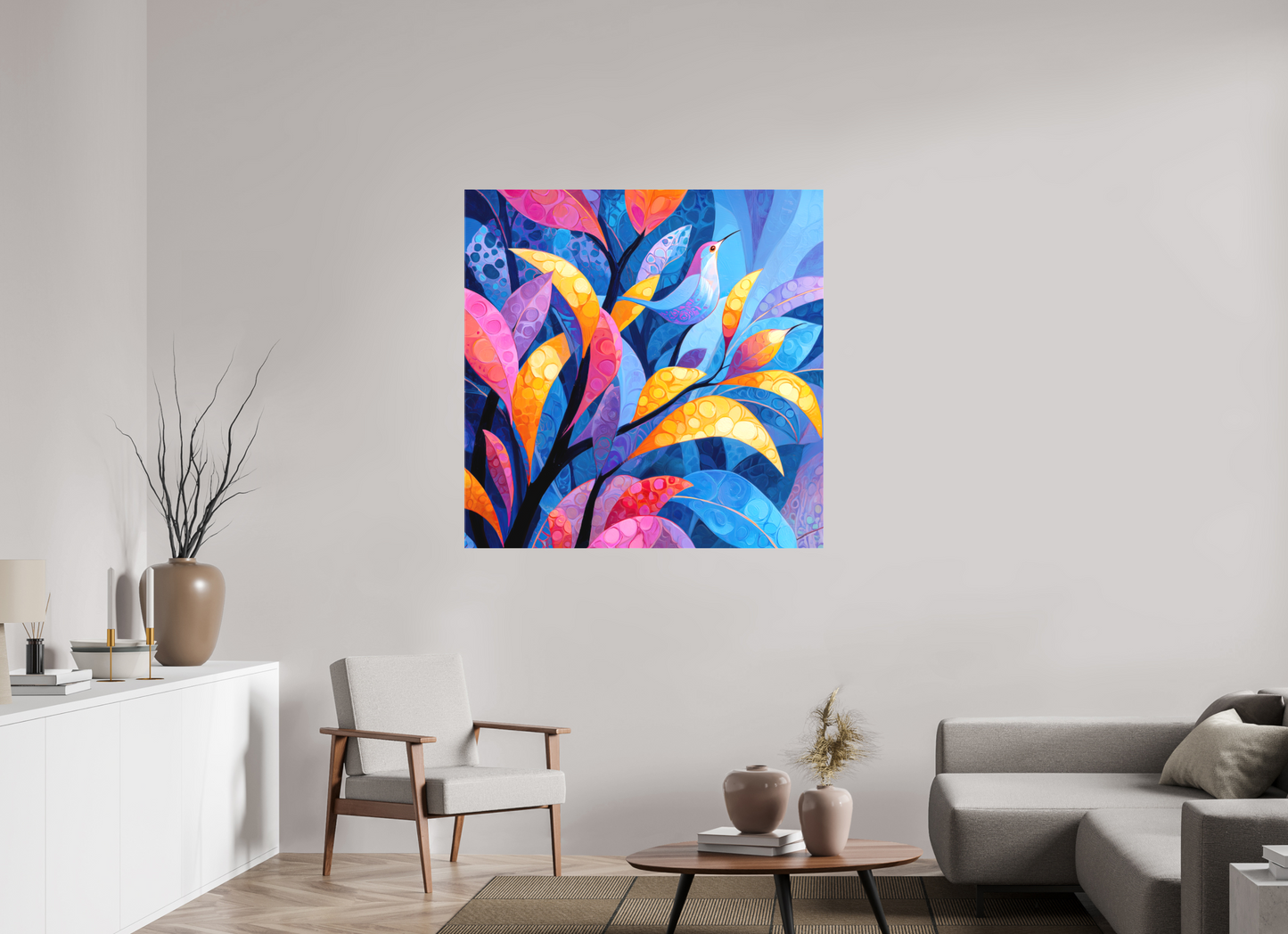 45 x 45″, Textile on Canvas Tropical Bird