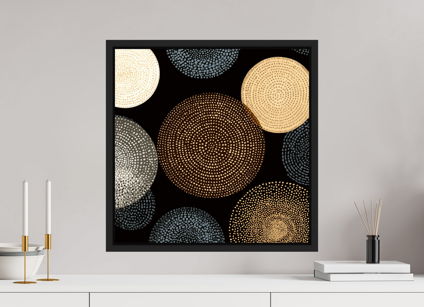20 x 20″, Fine Art Print on Aluminum Dibond with Boarder Dot Circles