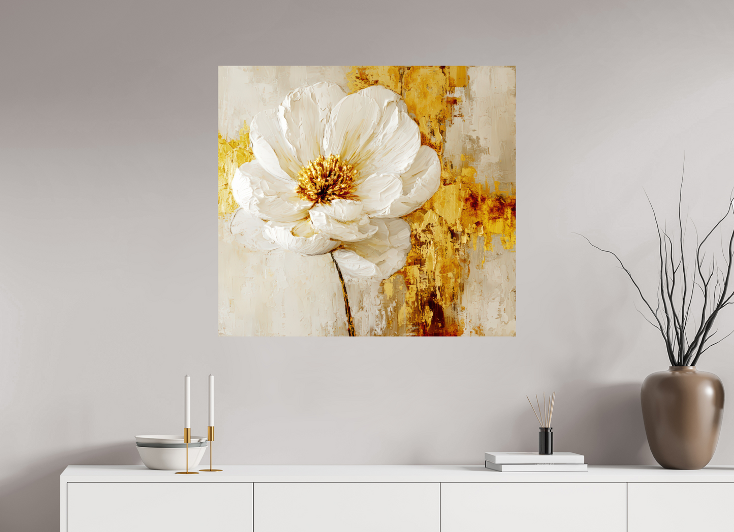 35.2 x 32″, Fine Art Print On Aluminum Dibond White and Gold Flower 3