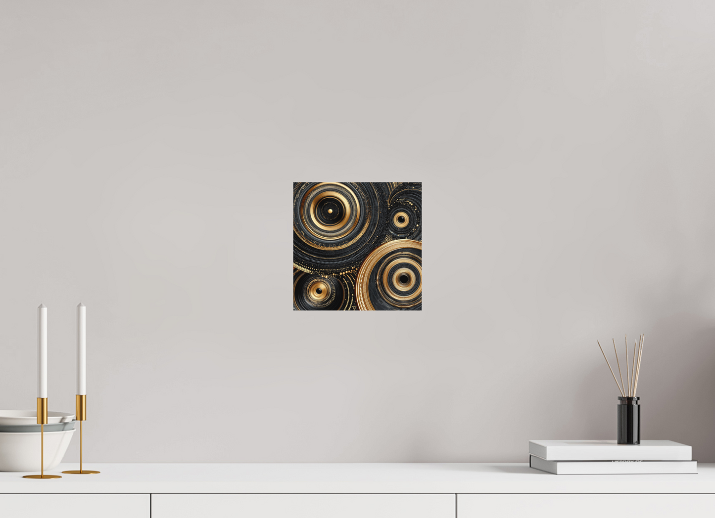 8 x 8″, Photo Print on Aluminum Backing Gold & Black Circles