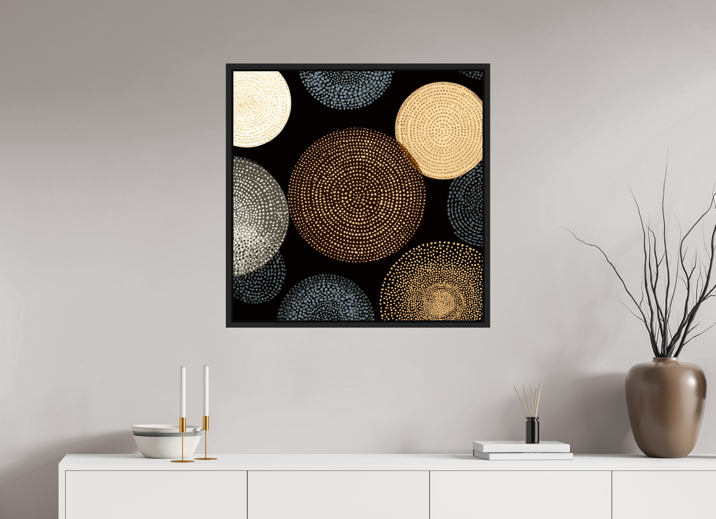 30 x 30″, Fine Art Print on Aluminum Dibond with Boarder Dot Circles