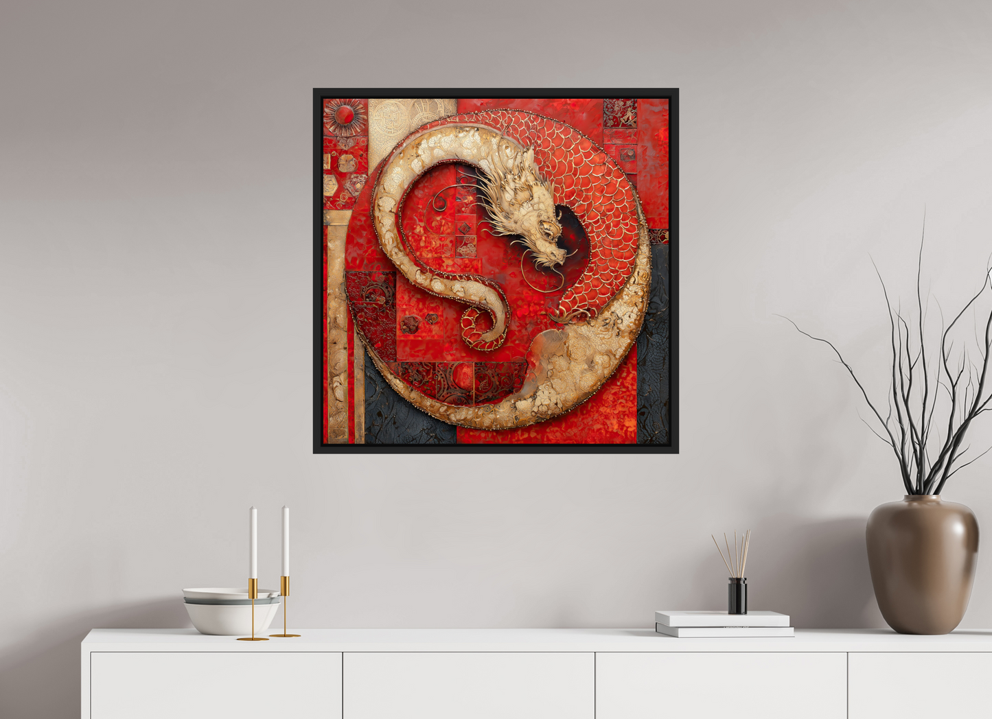 30 x 30″, Fine Art Print on Aluminum Dibond with Boarder Chinese Dragon