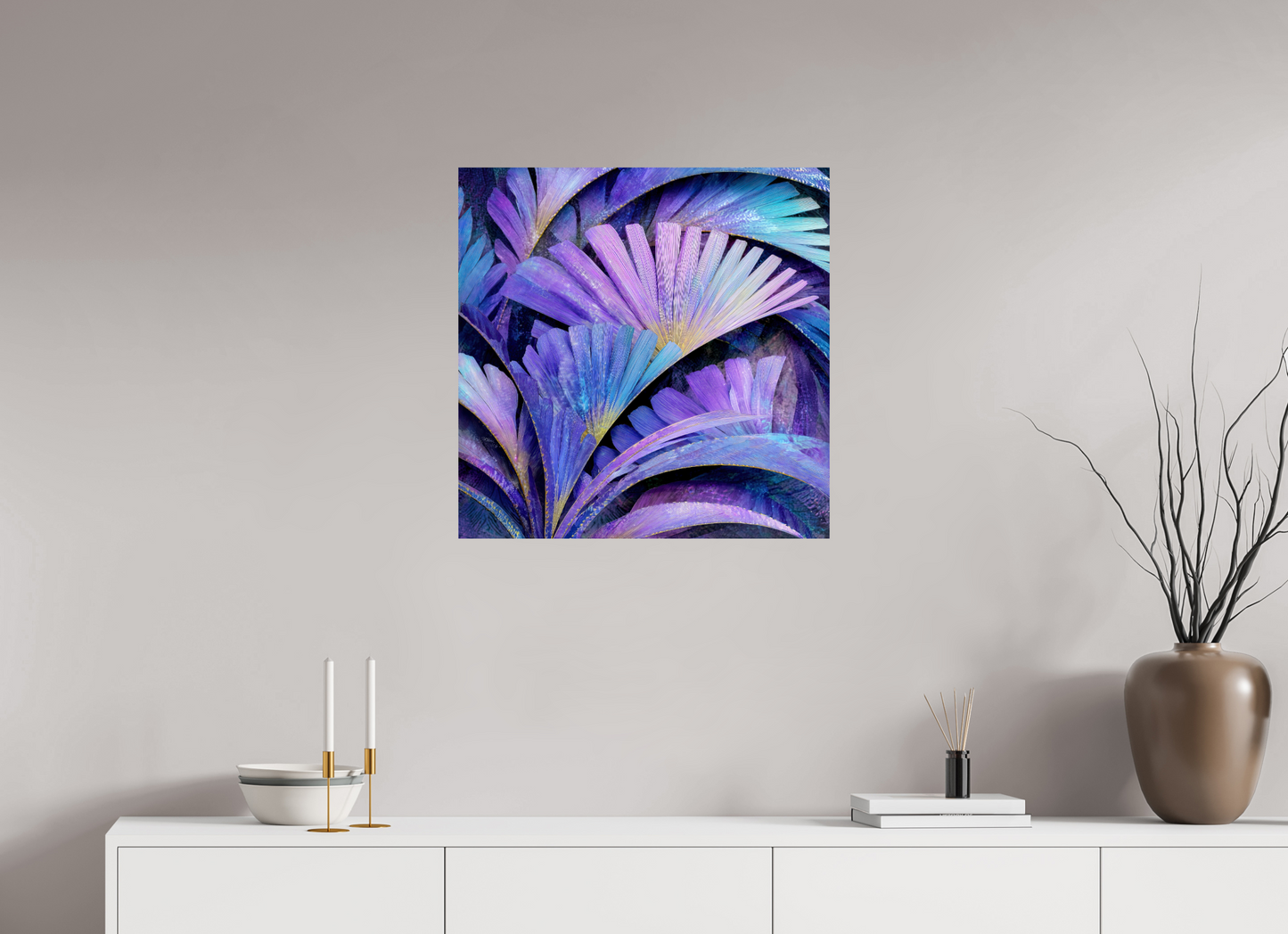25 x 25″, Fine Art Print On Aluminum Dibond Art Deco Purple Flowers