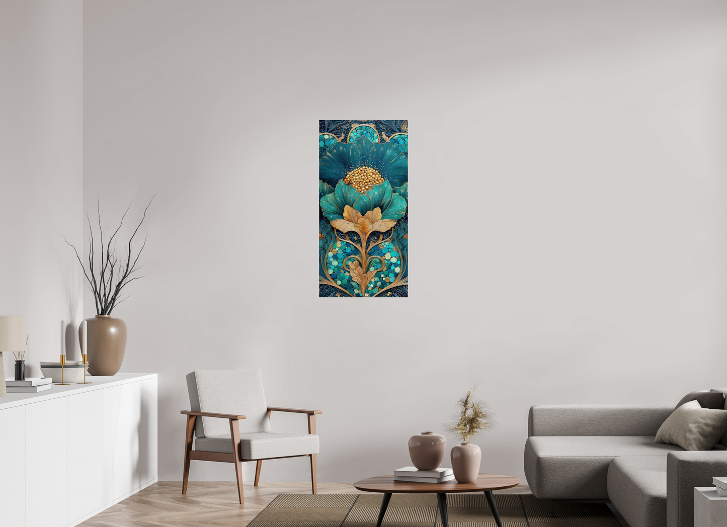 20 x 40″, Fine Art Print On Aluminum Dibond Art Deco Teal Flower 2