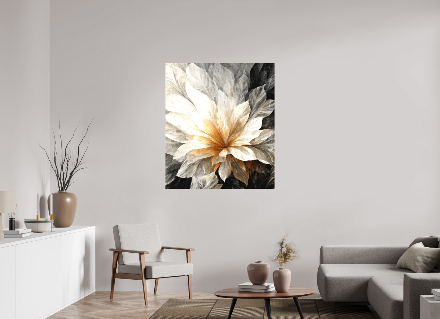 40 x 46.2″, Textile on Canvas White & Gold Flower 1
