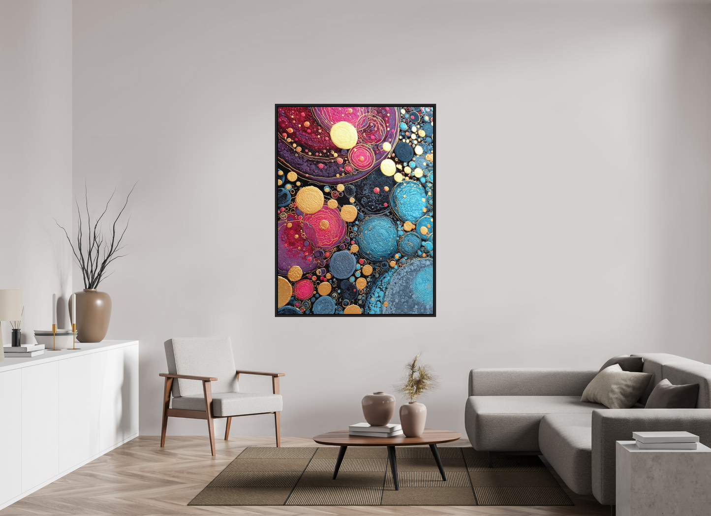 45 x 60″, Photo Print on Aluminum Backing with boarder Abstract Circles