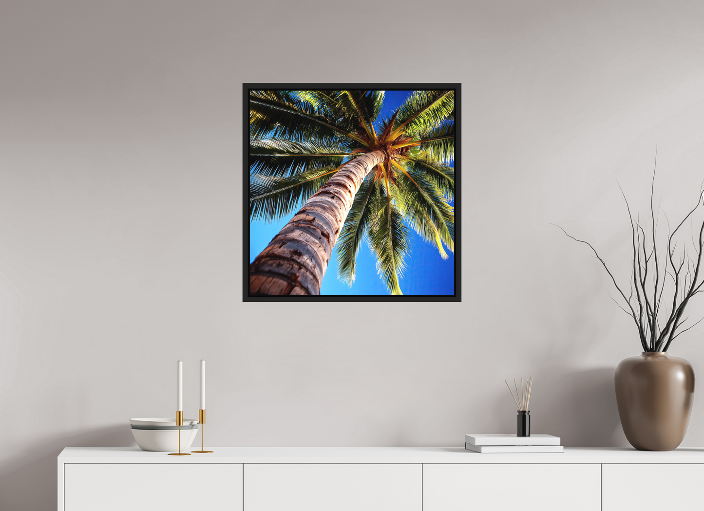 25 x 25″, Photo Print on Aluminum Backing with boarder Palm Tree