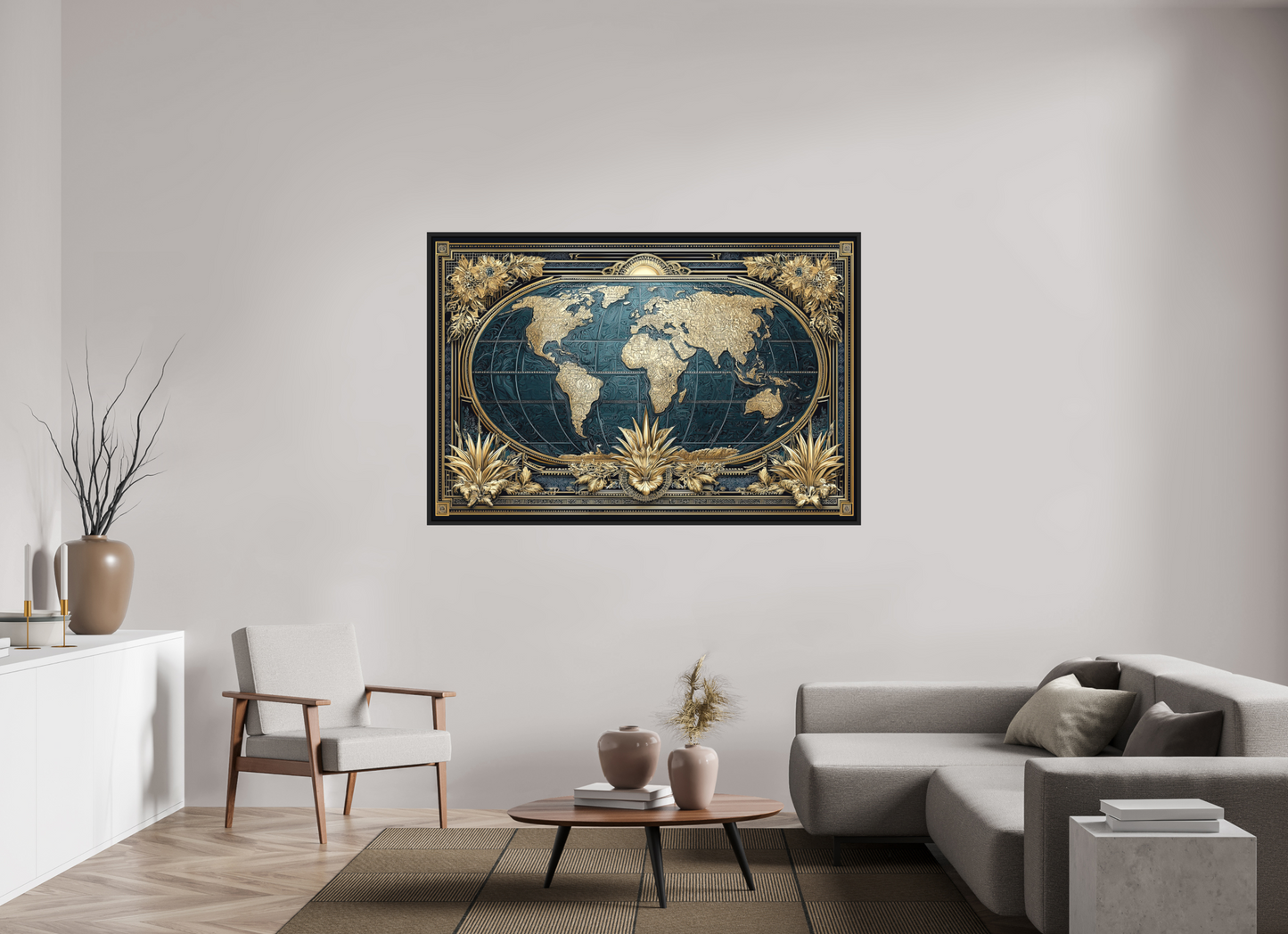 66 x 44″, Photo Print on Aluminum Backing with boarder Art Deco World Map