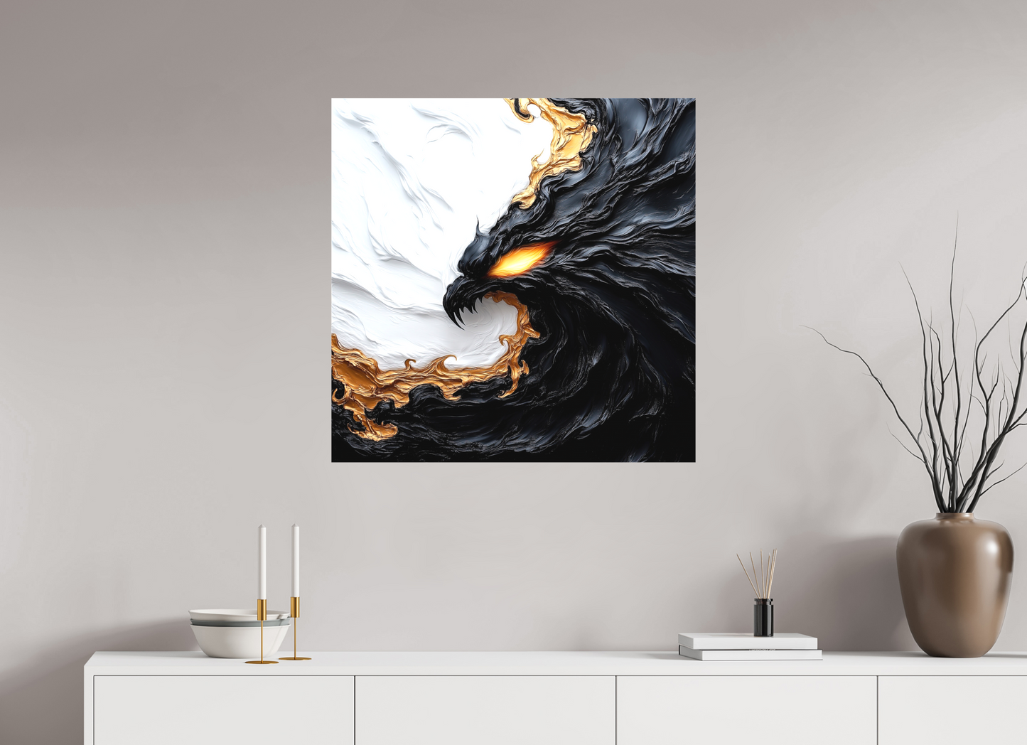 30 x 30″, Textile on Canvas Yin Yang Bird