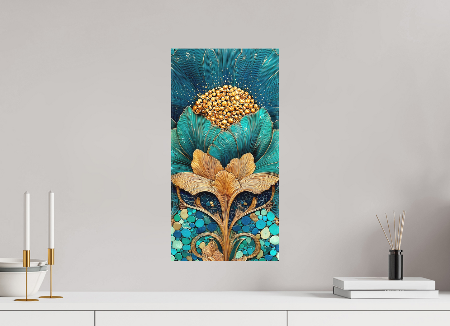 10 x 20″, Textile on Canvas Art Deco Teal Flower 2