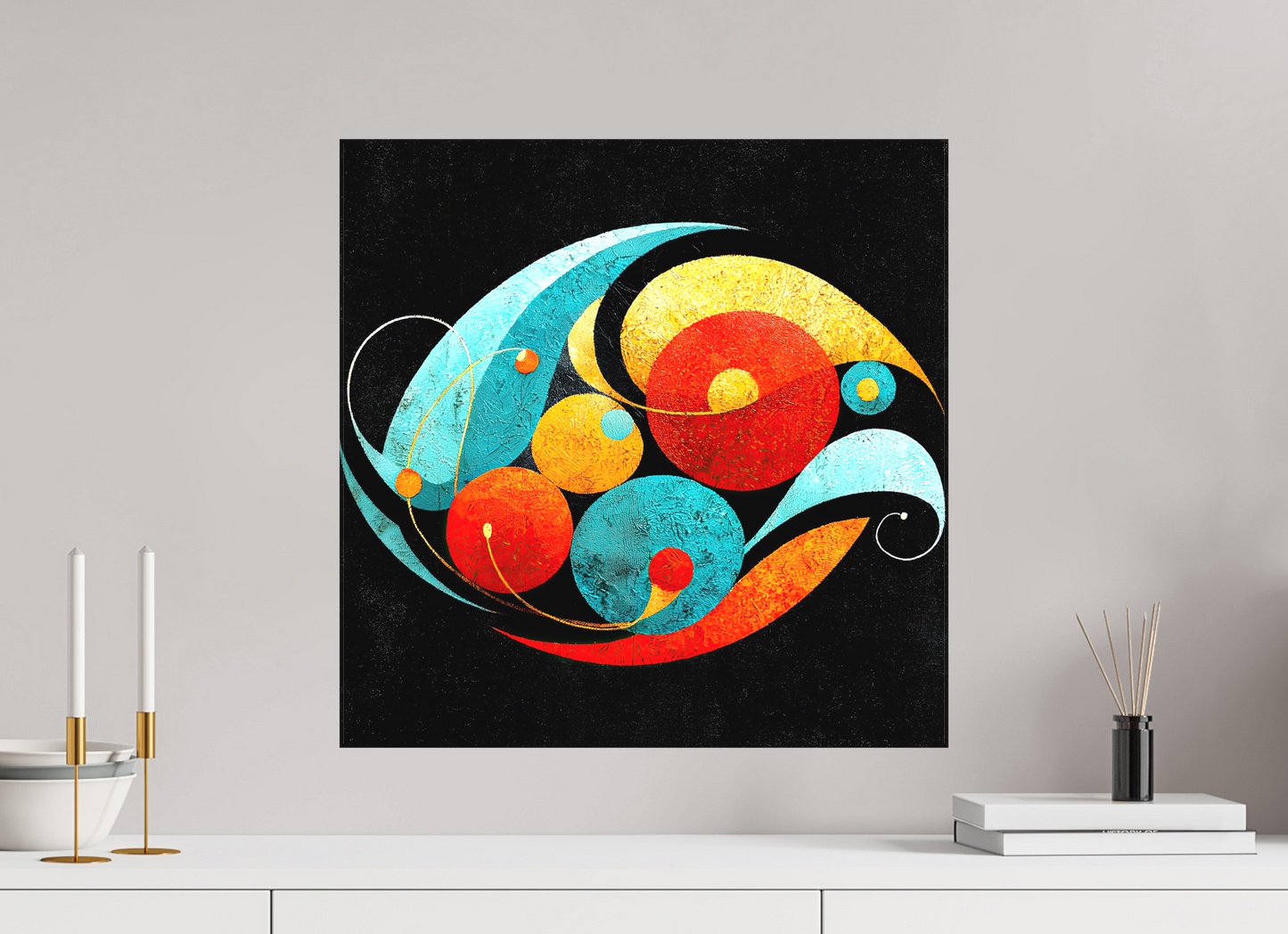 20 x 20″, Textile on Canvas Abstract Olives