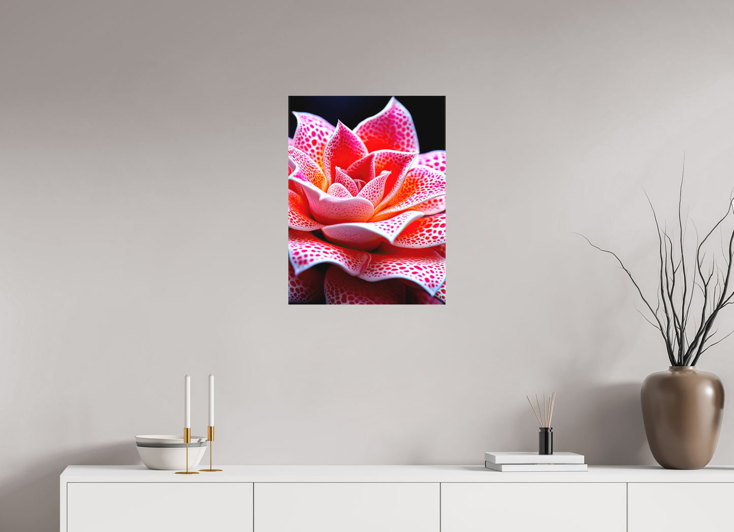 18 x 24″, Textile on Canvas Red Dot Flower