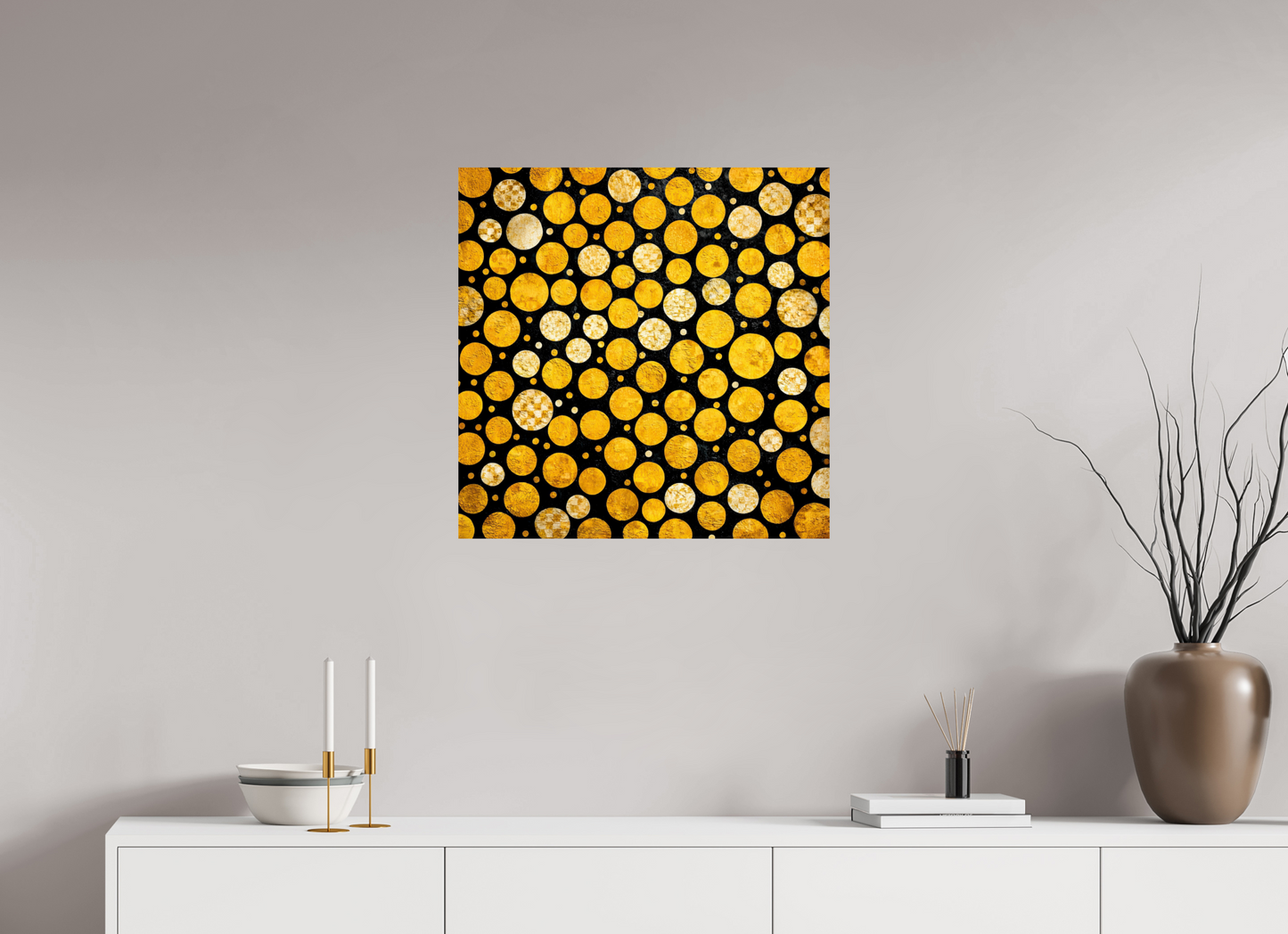 25 x 25″, Fine Art Print On Aluminum Dibond Gold Dots