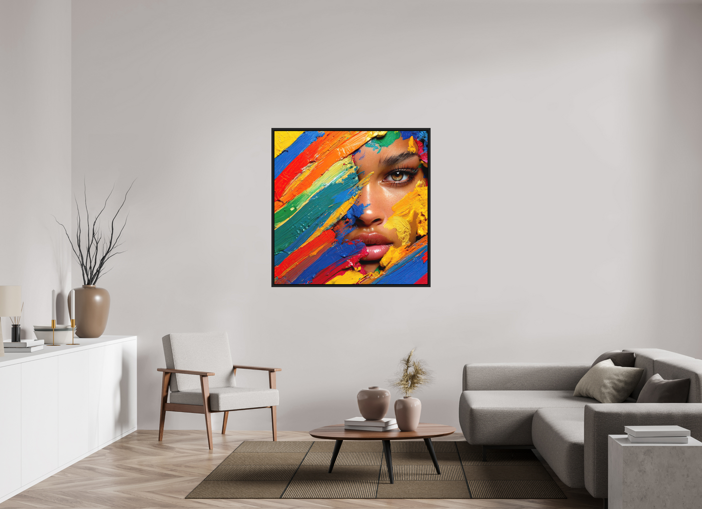 45 x 45″, Photo Print on Aluminum Backing with boarder Paintress