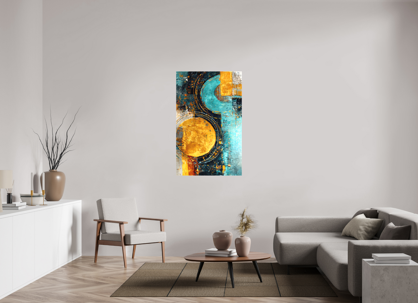 32 x 50.9″, Textile on Canvas Abstract Gold Paint 2