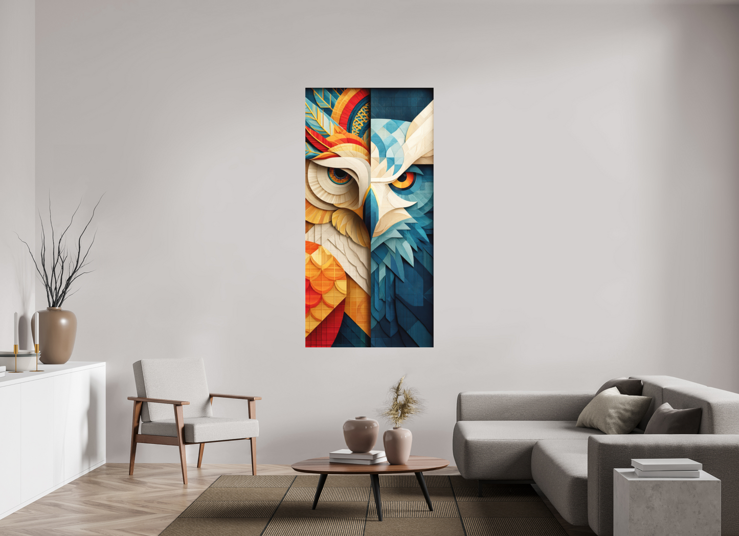 35 x 70.9″, Photo Print on Aluminum Backing Abstract Warm & Cold Owl