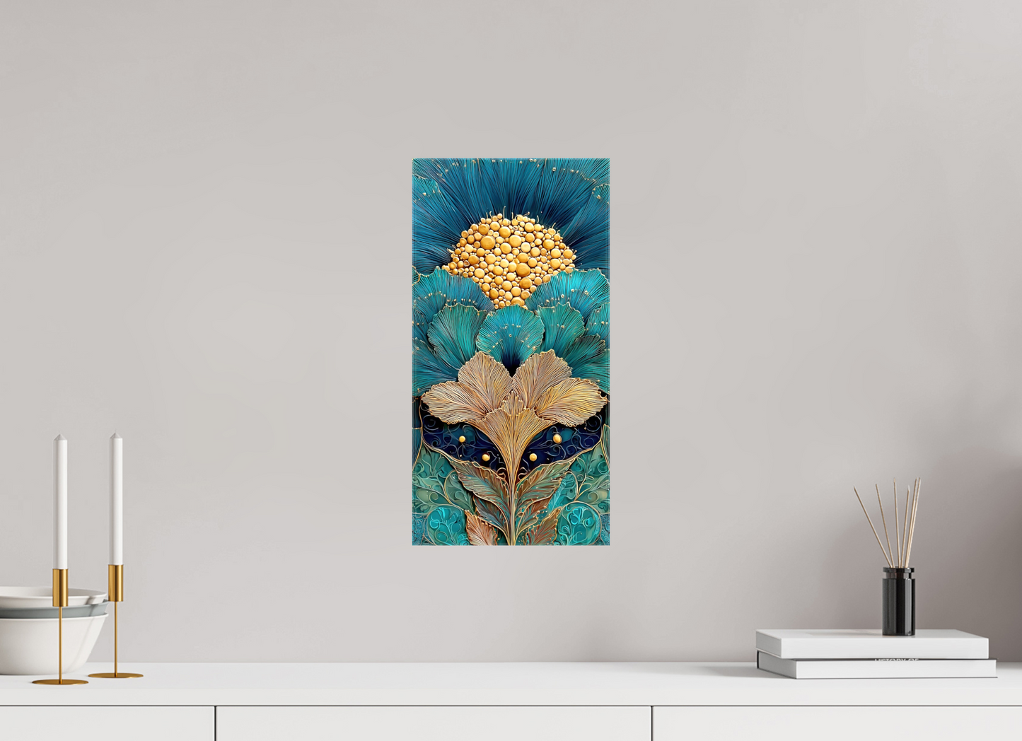 8 x 16″, Glossy Canvas Art Deco Teal Flower 1