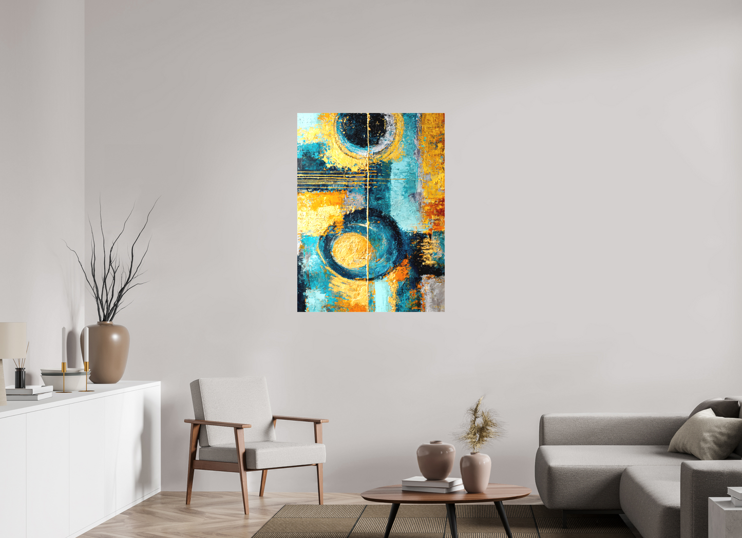 32 x 43.3″, Textile on Canvas Abstract Gold Paint