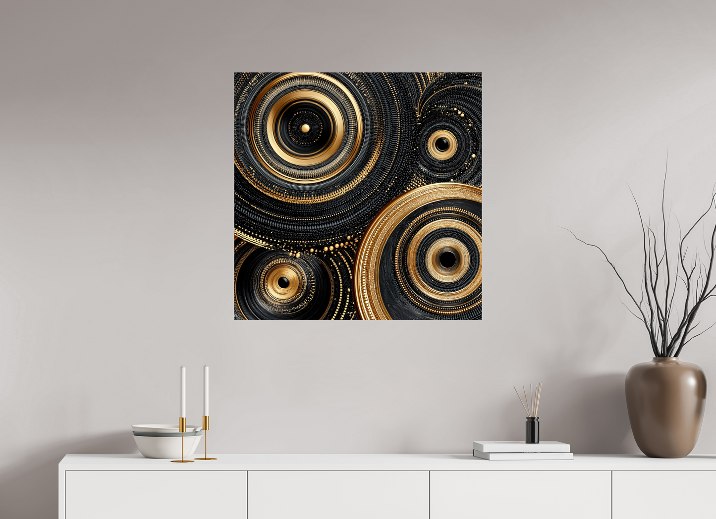 30 x 30″, Fine Art Print On Aluminum Dibond Gold & Black Circles
