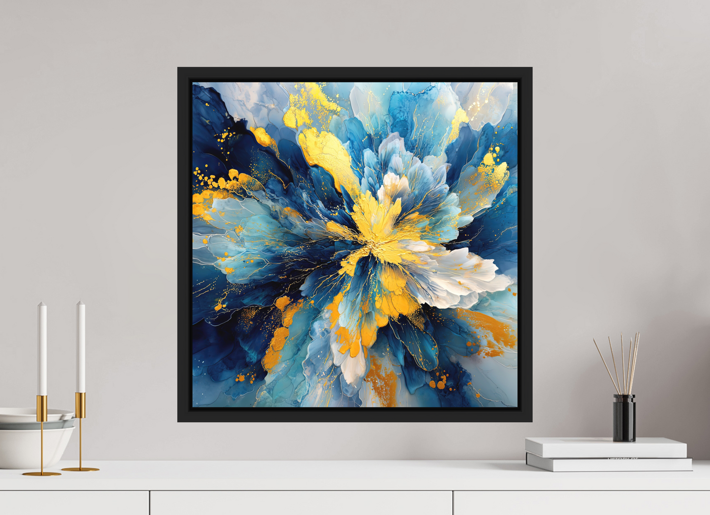 20 x 20″, Photo Print on Aluminum Backing with boarder Abstract Blue & Gold Flower
