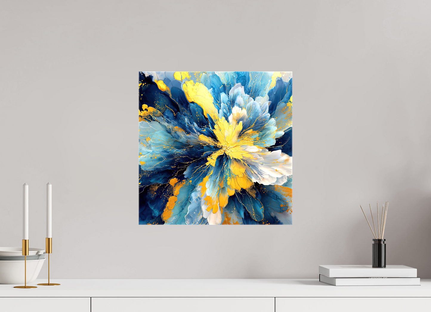 15 x 15″, Glossy Canvas Abstract Blue & Gold Flower