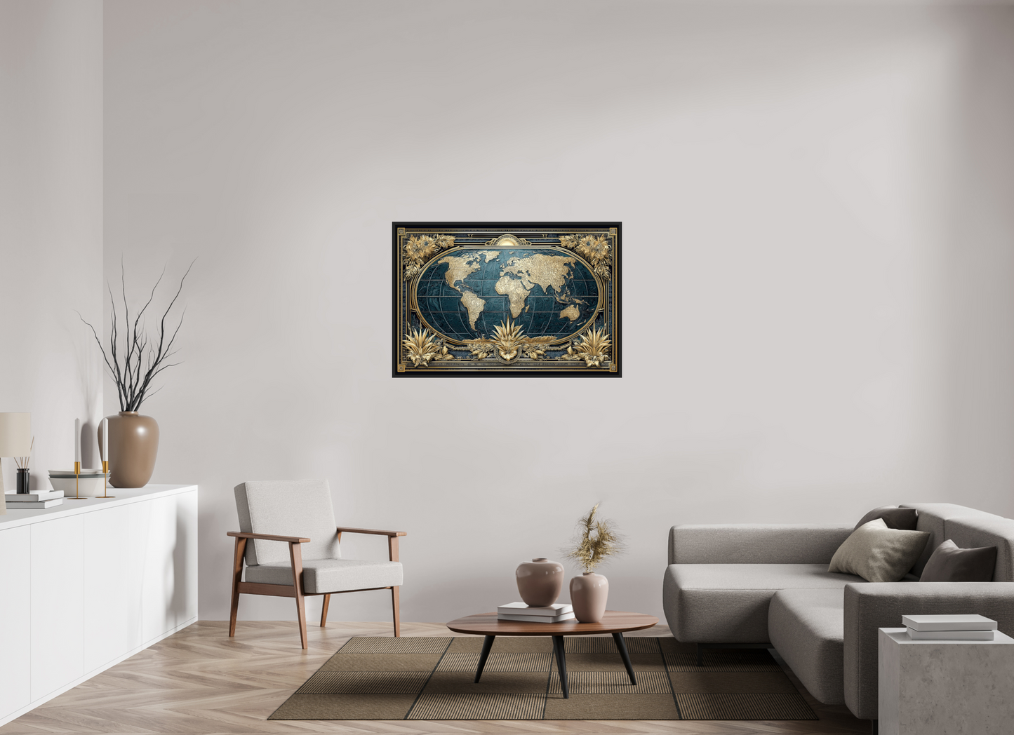 45 x 30″, Fine Art Print on Aluminum Dibond with Boarder Art Deco World Map