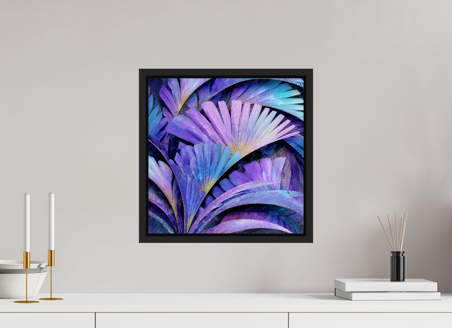 15 x 15″, Fine Art Print on Aluminum Dibond with Boarder Art Deco Purple Flowers