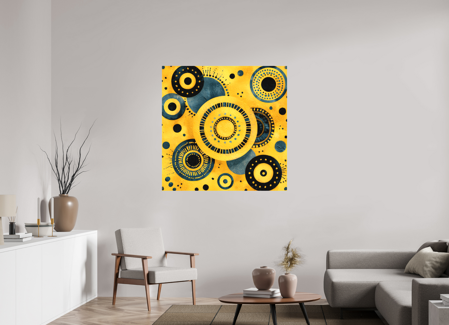45 x 45″, Textile on Canvas Yellow & Blue