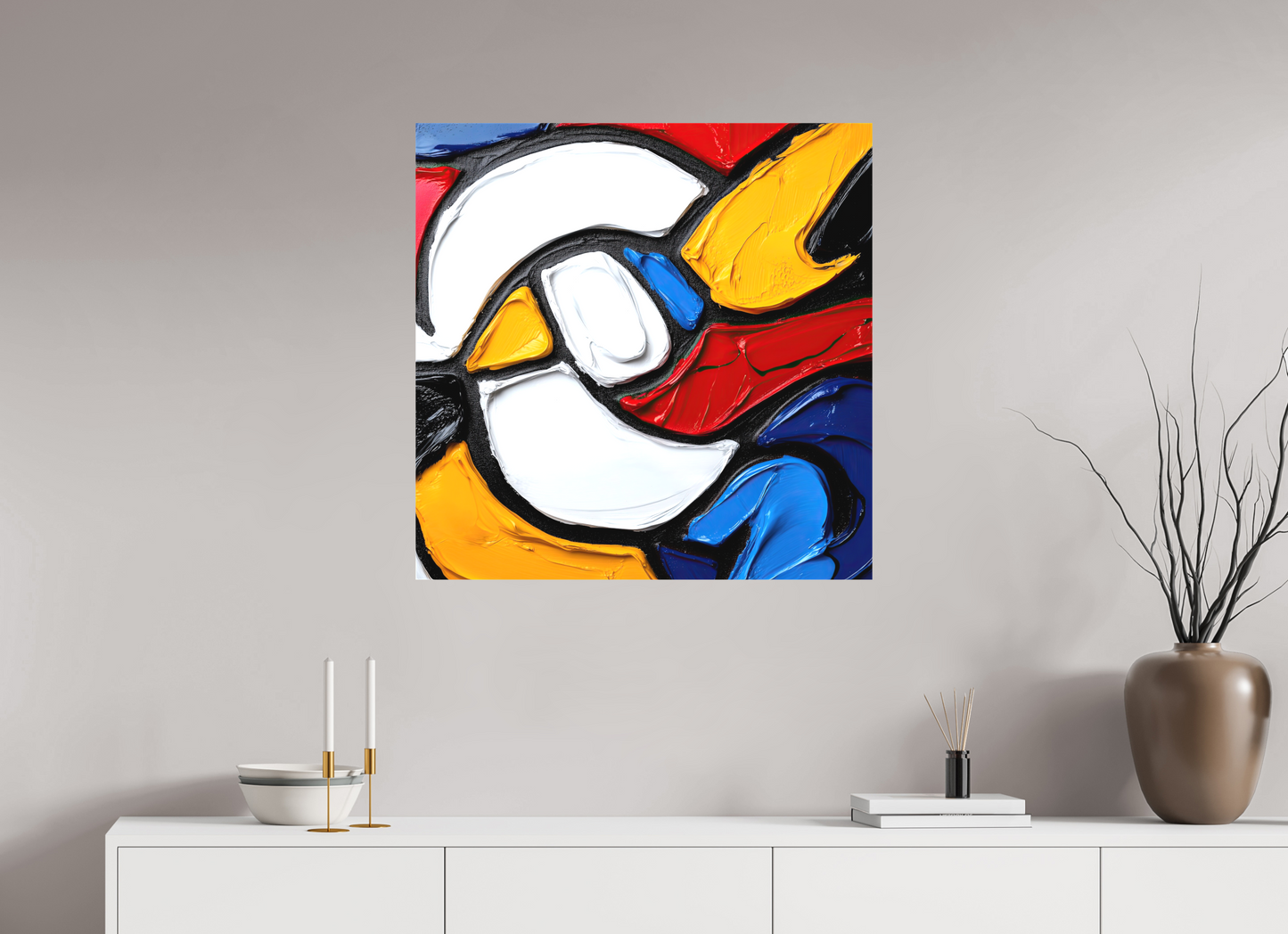 30 x 30″, Textile on Canvas Abstract Paint Bird
