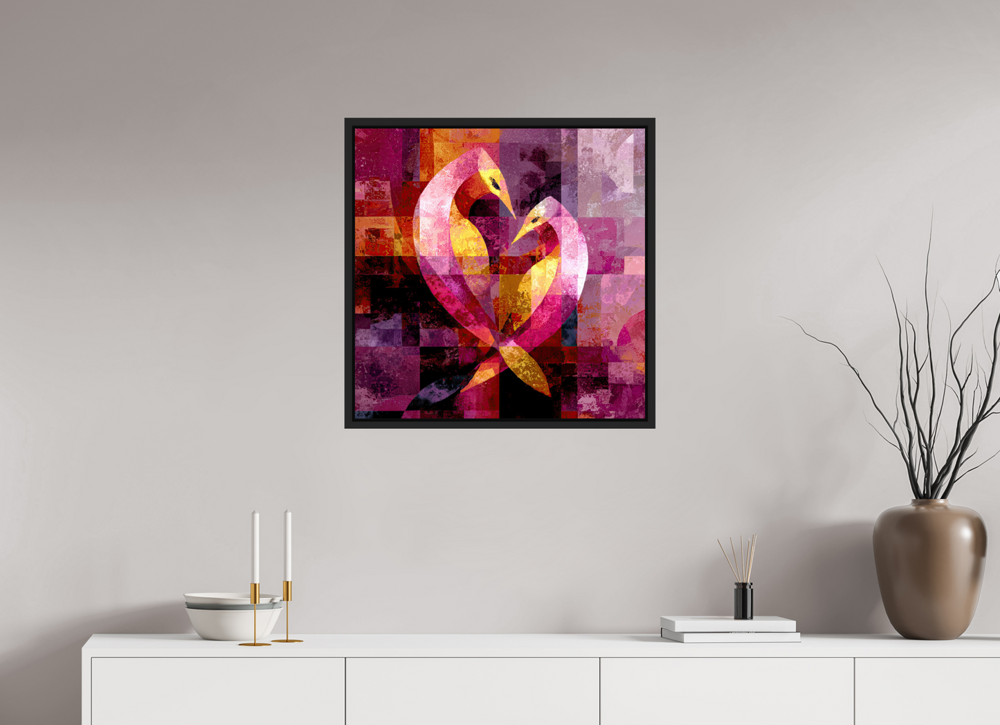 25 x 25″, Fine Art Print on Aluminum Dibond with Boarder Love Birds