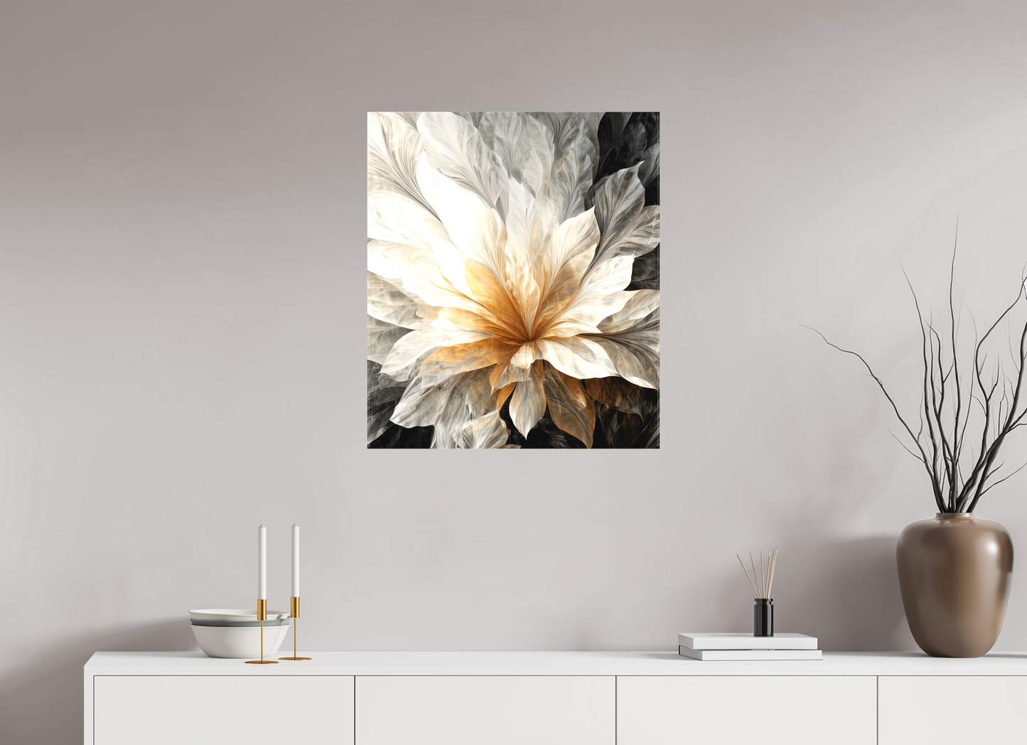 24 x 27.7″, Textile on Canvas White & Gold Flower 1