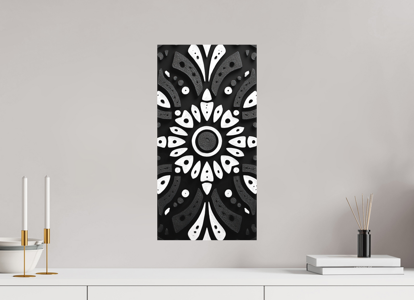 10 x 20″, Textile on Canvas Black & White Tribal 2